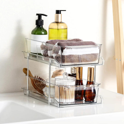 Two Tier Clear Organizer With Dividers For Kitchen Pantry Medicine Cabinet Bathroom Vanity And Under Sink Slide Out Storage Bin For Countertop