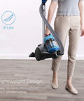 Front-angle view of blue Eureka bagless canister vacuum, lightweight 8 lb for carpets and hard floors