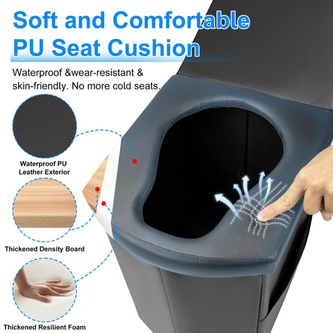 Adult Portable Toilet For Camping And Travel, Folding Toilet with soft PU cushion, highlights waterproof material.