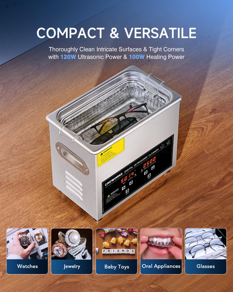 CREWORKS 3L ultrasonic cleaner with stainless steel body, inner basket, and digital control panel
