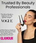 Woman using Brow Buddy Kit with Patented Symmetrical Shaping Tool for perfect brows, Vogue and Glamour endorsements.