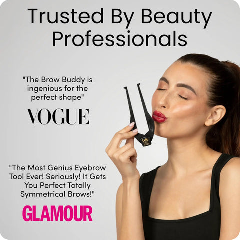 Woman using Brow Buddy Kit with Patented Symmetrical Shaping Tool for perfect brows, Vogue and Glamour endorsements.