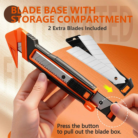 Dual Lock Safety Box Cutter With Retractable Blade, Hella Handy Package Opener For Quick Cuts, Includes Snap-Off Blades, Film Cutter And Tape Splitter For Warehouse And In-Store Cutting, orange black