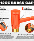 Close-up of 12 oz brass cap hammer from Dead Blow Hammer Set 3 Piece Kit With 1.5 Lb Dead Blow 12 Oz Brass Cap Hammer 16 Oz Ball Peen Brass Head No Rebound Design Unibody Molded Checkered Grip Your Go To Tool For Home Repair And Garage Use, featuring non-rebound design and integrated construction. 