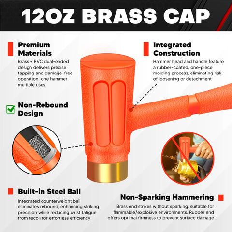 Close-up of 12 oz brass cap hammer from Dead Blow Hammer Set 3 Piece Kit With 1.5 Lb Dead Blow 12 Oz Brass Cap Hammer 16 Oz Ball Peen Brass Head No Rebound Design Unibody Molded Checkered Grip Your Go To Tool For Home Repair And Garage Use, featuring non-rebound design and integrated construction. 