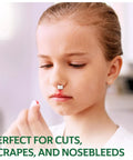 Child with Hella Fast Halting Bleeding Gauze Wound Dressing Pads on nose, ideal for scrapes and minor cuts in first aid.