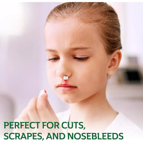 Child with Hella Fast Halting Bleeding Gauze Wound Dressing Pads on nose, ideal for scrapes and minor cuts in first aid.