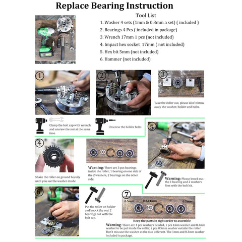 Replace bearing instruction guide with steps and tool list, including 6 inch coating removal bush hammer tool for angle grinder.