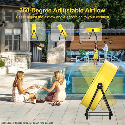 36 Inch Beefy Airflow High Velocity Industrial Drum Fan With 3 Speed Settings 21,800 CFM beside a pool, showing 360 tilt feature.