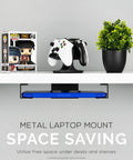 Under Desk Laptop Holder Mount With Adhesive And Screw In Install shown mounted under shelf holding laptop