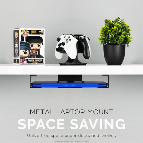 Under Desk Laptop Holder Mount With Adhesive And Screw In Install shown mounted under shelf holding laptop