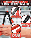 Front view of hose clamp pliers with red handles for radiator hoses; corrosion-resistant carbon steel with ratchet lock.