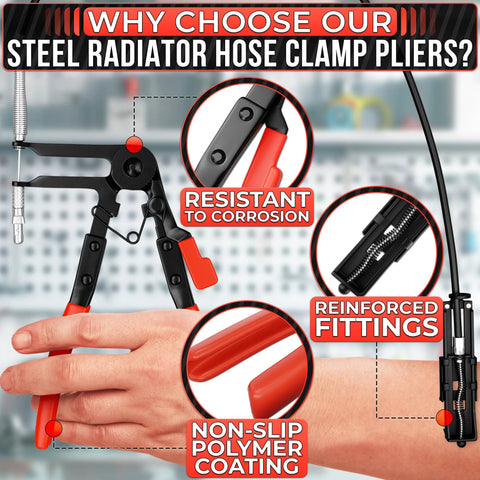 Front view of hose clamp pliers with red handles for radiator hoses; corrosion-resistant carbon steel with ratchet lock.