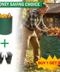 Man using leaf bag with gloves for garden work, promotional text "Buy 1 Get 3" displayed.