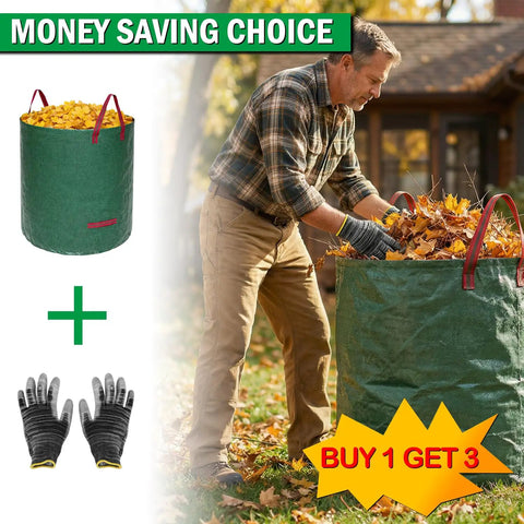 Man using leaf bag with gloves for garden work, promotional text "Buy 1 Get 3" displayed.
