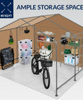 Interior view of 10x8ft Outdoor Storage Shed With Dual Roll Up Doors And Weather Resistant Metal Frame In Tan, organized with bike and tools.