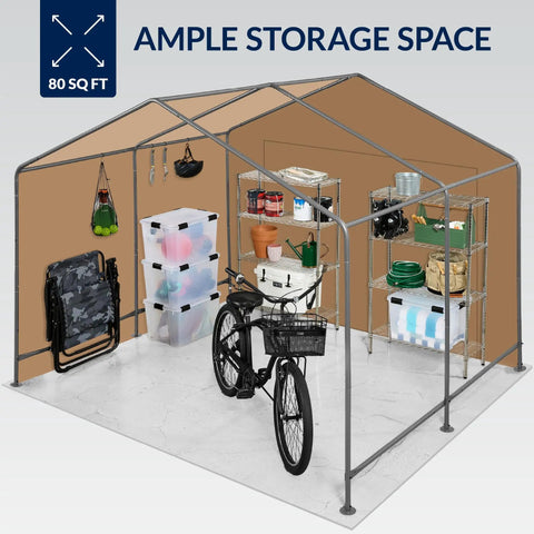 Interior view of 10x8ft Outdoor Storage Shed With Dual Roll Up Doors And Weather Resistant Metal Frame In Tan, organized with bike and tools.