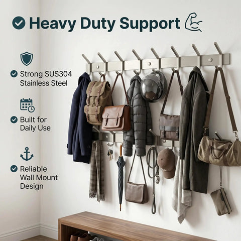 Brushed Nickel Wall Mount Coat Rack With 24 Inch Stainless Steel Rail And 8 Heavy Duty Double Hooks, coats and bags hanging