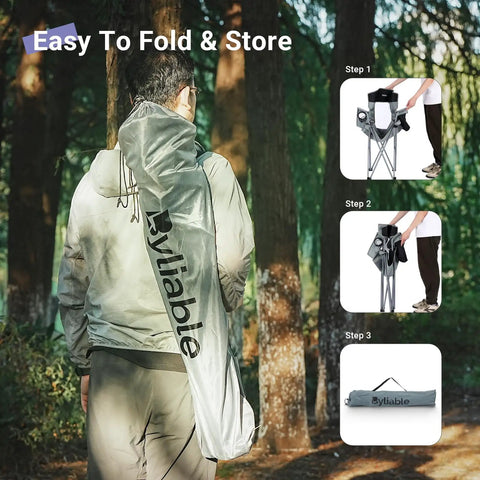 Man carrying Ultralight Portable Folding Camping Chair For Adults With Cup Holder And Cooler Pouch, easy fold instructions shown.
