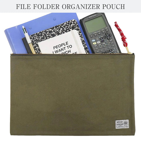 Heavy Duty Canvas Document Holder And Large File Folder Organizer Pouch For Legal And Letter Size Papers With Secure Zipper Closure holding office supplies.