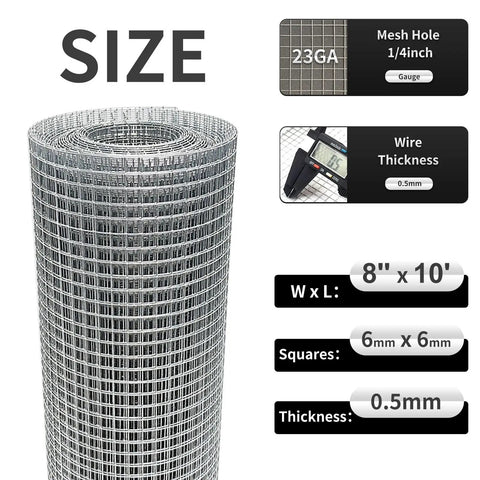 Rugged Heavy Duty Galvanized Wire Mesh Roll 8 Inch By 10 Foot 23 Gauge With 1/4 Inch Openings, size and thickness details