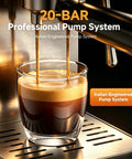 Professional 20 Bar Espresso Coffee Machine With Snappy Led Touchscreen Brewing Dope Barista Style Lattes And Rich Cappuccinos Straight Up No Hassle At Home brewing espresso into a glass cup.
