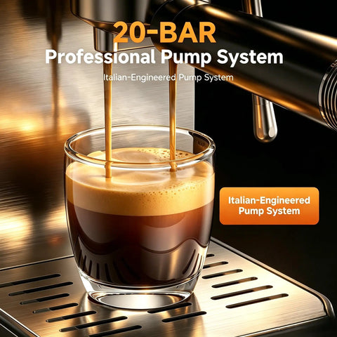 Professional 20 Bar Espresso Coffee Machine With Snappy Led Touchscreen Brewing Dope Barista Style Lattes And Rich Cappuccinos Straight Up No Hassle At Home brewing espresso into a glass cup.