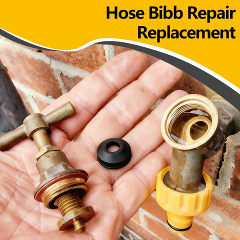 Hand holding brass spigot parts and washer from 160 Piece Hose Bib Washer and Faucet Washer Kit With 14 Sizes Includes Hose Gaskets