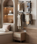 Room with 12 Inch Waterfall Slatwall Display Hooks, 6 Pack installed on wall holding clothing and accessories.