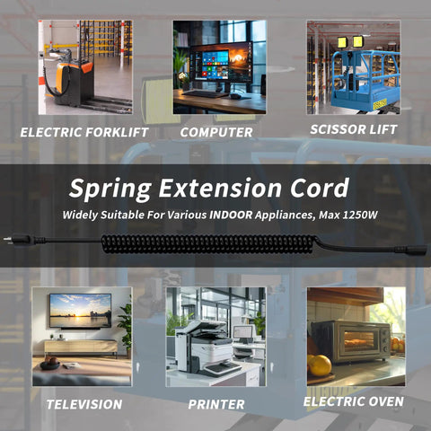 Diagram showing the Coiled 18/3 Gauge 15 Ft Black Indoor Extension Cord Waterproof And Flame Retardant Flexible 3 Prong Power Cable 10A 1250W ETL Listed For Charging Electric Pallet Tucks in various indoor applications like forklifts, computers, and scissor lifts.