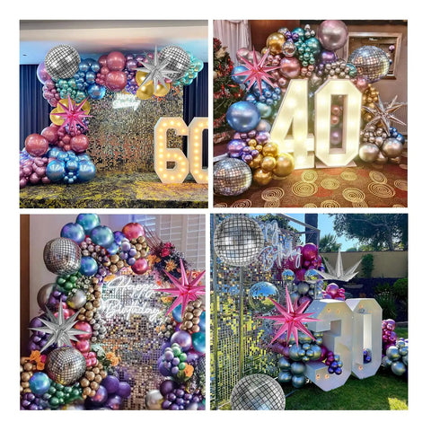 135 Piece Disco Balloon Arch Kit With Silver Blue Green Purple Hot Pink And Gold Metallic Balloons And Star Foil Balloons For Birthday Parties And 70s 80s 90s Retro Disco Decor And Photo Backdrops displayed with large numeric signs.