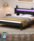 Queen Size Bed Frame With Built In Storage Headboard And Glow Up LED Lighting Featuring Dope Integrated Charging Hub With UL Certified Outlets Usb Type C Ports For Your Fresh Night Owl Bedroom Setup Black in modern bedroom with RGB lights.