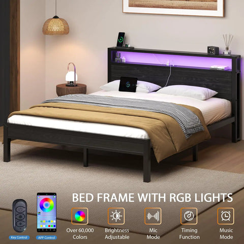 Queen Size Bed Frame With Built In Storage Headboard And Glow Up LED Lighting Featuring Dope Integrated Charging Hub With UL Certified Outlets Usb Type C Ports For Your Fresh Night Owl Bedroom Setup Black in modern bedroom with RGB lights.