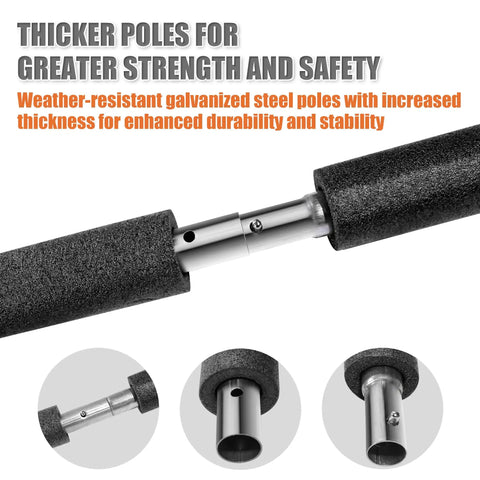 Universal Trampoline Pole Replacement, Heavy Duty Enclosure Straight Pole With Smooth Swap Design For 8 To 16 Ft Frames, showing thick galvanized steel poles for durability.