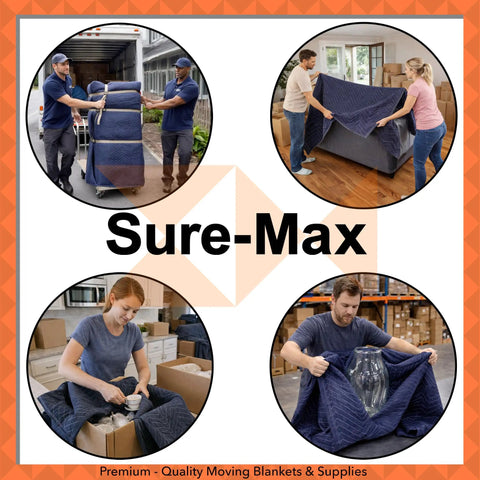Collage of individuals using Pro Economy Moving Blanket 80 By 72 Inches Premium Quilted Shipping Furniture Pad Navy Blue And Black