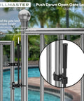 Heavy Duty Auto Pool Gate Latch With Snappy Spring Closer And Easy Push Release For Child Safe Chain Link Fences showing installation example.
