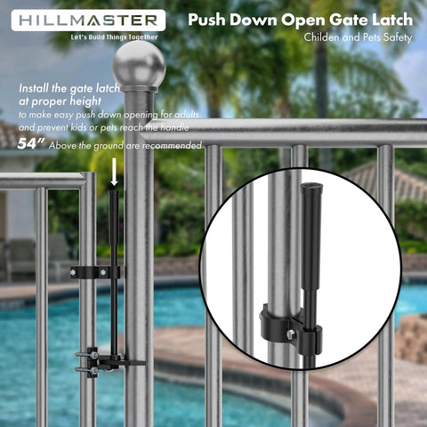 Heavy Duty Auto Pool Gate Latch With Snappy Spring Closer And Easy Push Release For Child Safe Chain Link Fences showing installation example.
