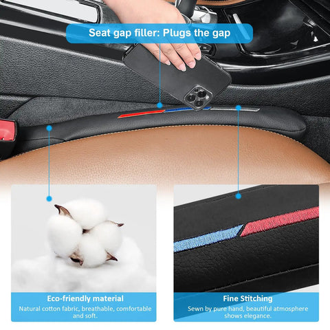Sporty Leather Seat Gap Filler Plug for BMW Series Cars with racing color stripes, shown installed in car with close-up on stitching.