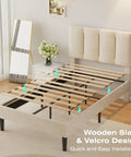 Twin Size Bed Frame Featuring Extra Thick Velvet Upholstered Headboard And Heavy Duty Hardwood Slats Pale Beige platform with wooden slats in cozy bedroom.