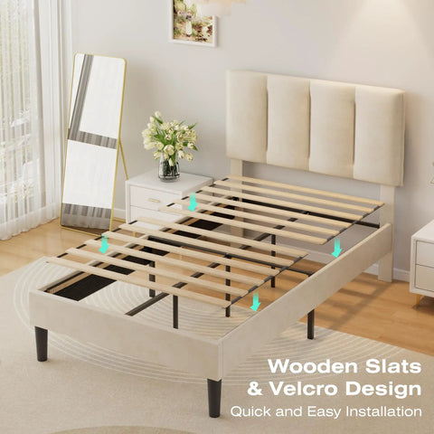 Twin Size Bed Frame Featuring Extra Thick Velvet Upholstered Headboard And Heavy Duty Hardwood Slats Pale Beige platform with wooden slats in cozy bedroom.