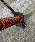 Red 3 Piece Samurai Sword Set With Display Stand Katana Collection Decorative Swords handle detail with black and red accents