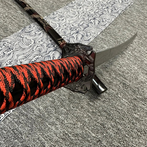 Red 3 Piece Samurai Sword Set With Display Stand Katana Collection Decorative Swords handle detail with black and red accents