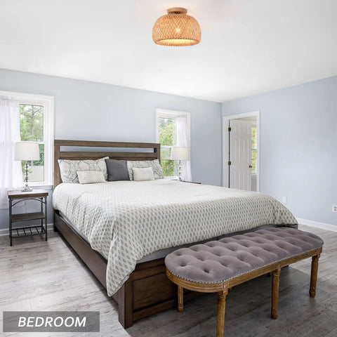 Dope Boho Rattan Semi Flush Mount Ceiling Light With Bamboo Wicker Shade Handmade Farmhouse Fixture in bedroom setting