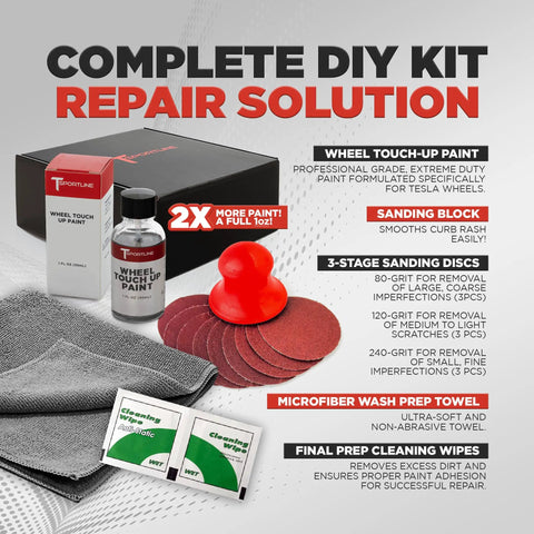 Tesla Model 3 Wheel Curb Rash And Scratch Repair Kit With Color Matched Touch Up Paint For Gray Warp Rims Diy No Sweat Fix Slick Finish Quick Turnaround Straight To The Point Fresh Look includes paint, sanding tools, cleaning wipes.