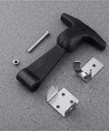 Beefed Up Set Of Four Stainless Steel Rubber Hood Latch Kit T-Handle closeup with brackets for vibration reduction and corrosion resistance.