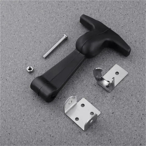 Beefed Up Set Of Four Stainless Steel Rubber Hood Latch Kit T-Handle closeup with brackets for vibration reduction and corrosion resistance.