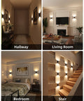 Wireless Motion Sensor Wall Light With Remote Control Rechargeable Led Sconce installed in hallway, living room, bedroom, and stairway.