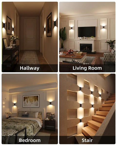 Wireless Motion Sensor Wall Light With Remote Control Rechargeable Led Sconce installed in hallway, living room, bedroom, and stairway.