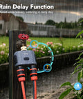 Smart Water Timer For Garden Hose With Brass Inlet And Outlet in use during rain, featuring a rain delay function and red hoses.