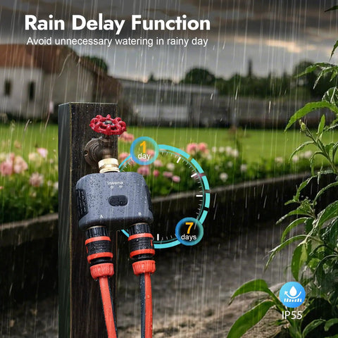 Smart Water Timer For Garden Hose With Brass Inlet And Outlet in use during rain, featuring a rain delay function and red hoses.